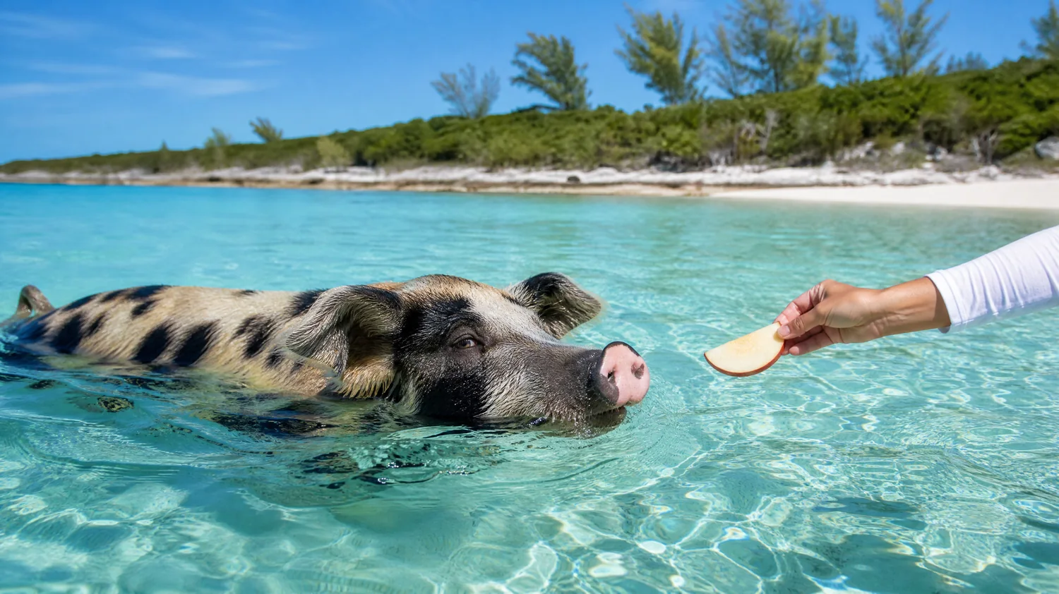 A spotted pig swimming toward an open hand offering fruit