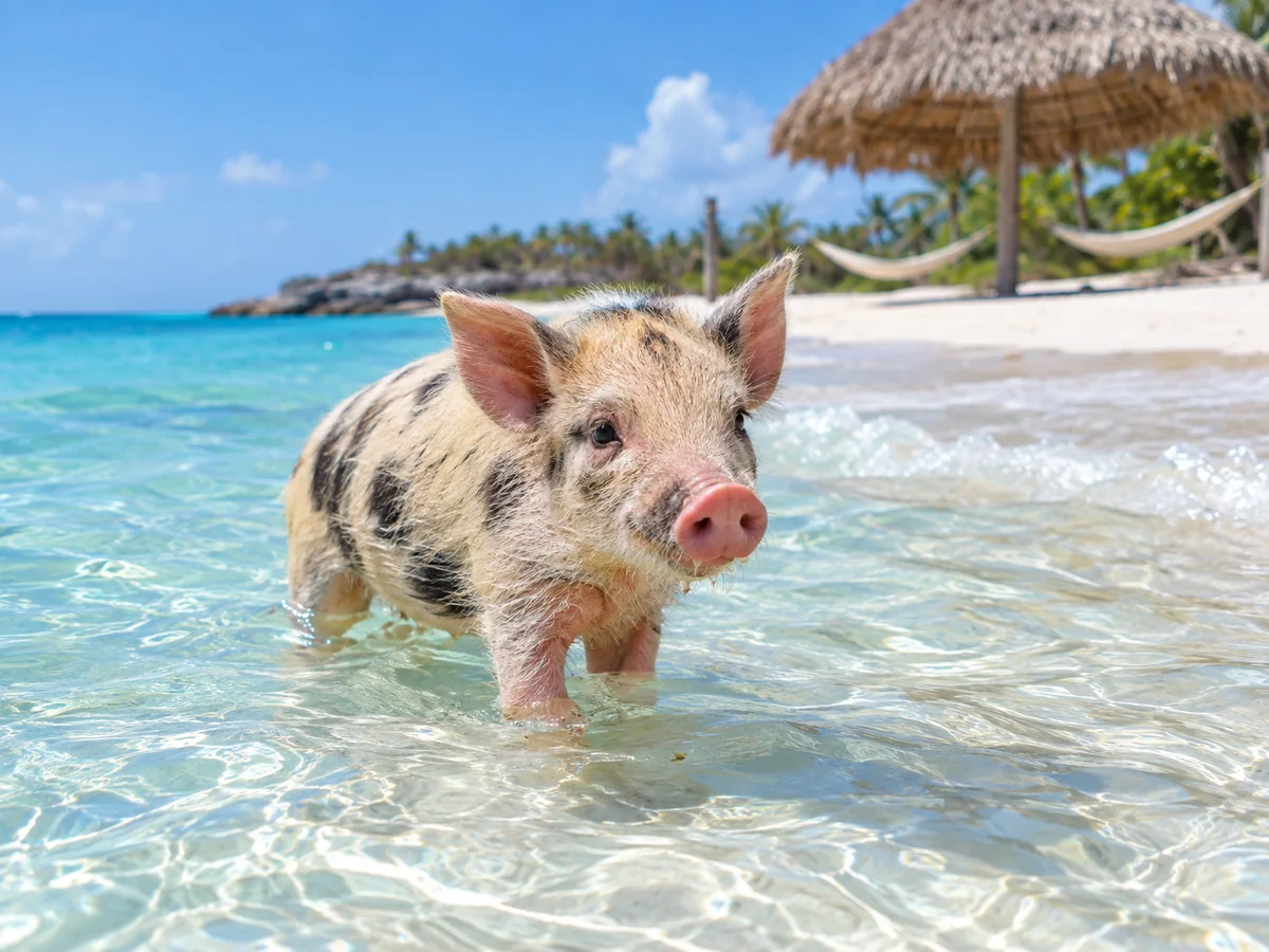 Piglet wading at the edge of a white-sand beach near Nassau